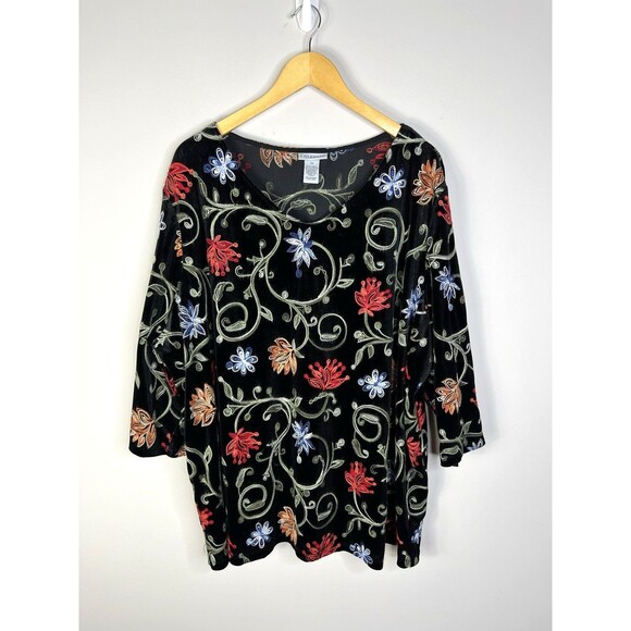 Catherines Womens V-Neck Velour Embroidery Floral Plus Size 3X Shirt Velvet - Picture 1 of 7